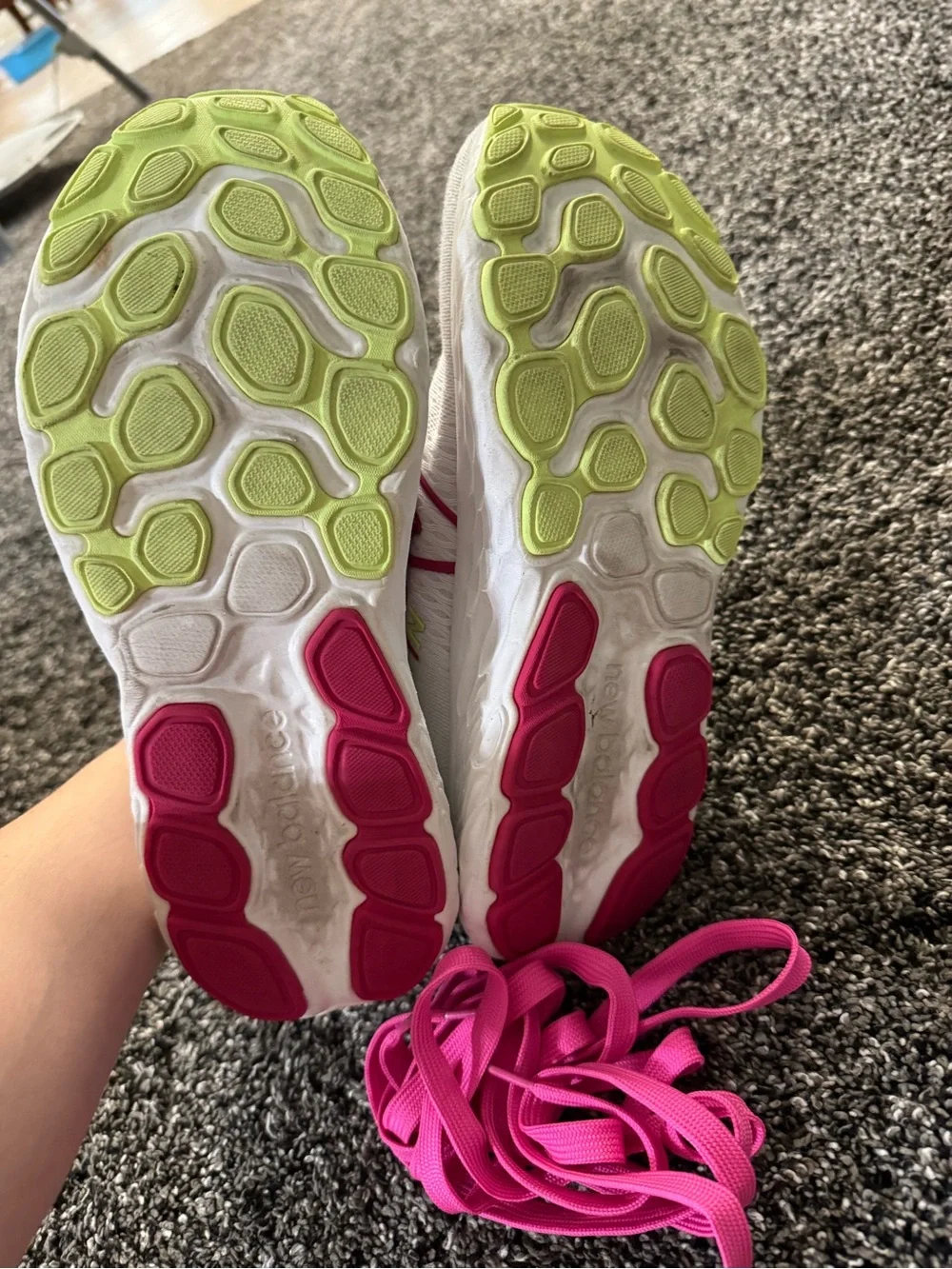 New Balance White Running Shoes with Pink Accents and Lime Highlights